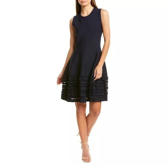 Lela Rose Accordion Lasercut Knit Viscose Fit and Flare Dress in Navy - Picture 2 of 10